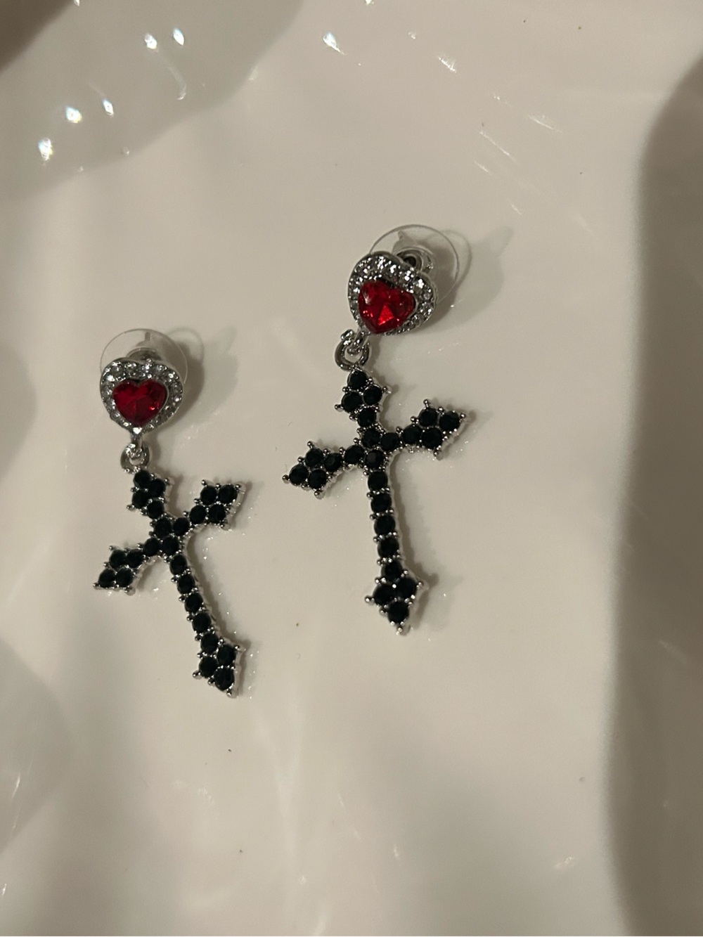 Black and Red Goth Cross Dangle Earrings